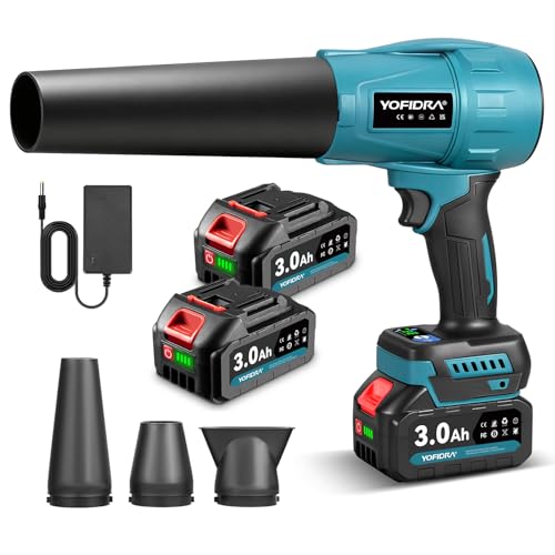 Yofidra Souffleur de Feuilles sans Fil, Mini Souffleur à Feuilles avec Turbocompresseur, 33 000 TR/Min, 300m/s, avec 2 Batteries, 3 Vitesses, 4 Buses, pour...