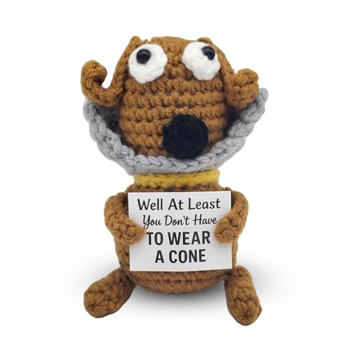 Qubitly Well at Least You Don’t Have to Wear a Cone – Funny Crochet Dog Get Well Gift, Emotional Support Dog, 4.3×3.1×1.6in Handcrafted Soft Companion, Post Surgery Recovery, Vasectomy Humor