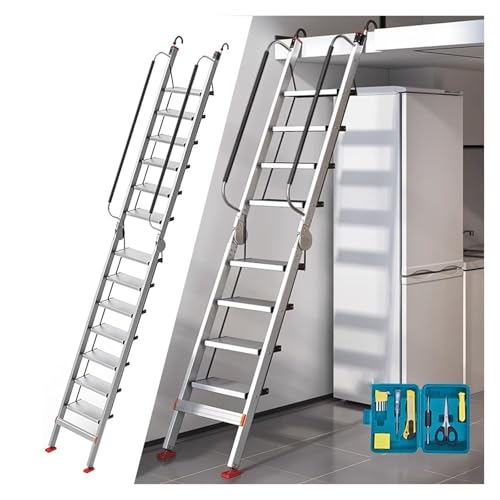 HYLYGFH Escalera de Aluminio para altillo con ángulo Ajustable de 3 Posiciones para techos, Salidas de Emergencia y Escapes de Incendios, 13 peldaños, 3,75 m