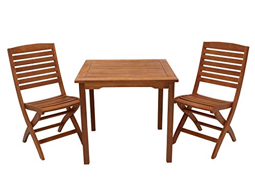 DEGAMO Gartengarnitur Gartenset Capo 3-teilig, 2X Klappstuhl und 1x Tisch 75x75cm, Eukalyptus Holz braun geölt, Stühle klappbar, FSC®-Zertifiziert, Outdoor