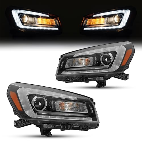 HECASA Projector Headlight Compatible with 2013-2016 GMC Acadia & 2017 Acadia Limited Pair w/LED Tube DRL Headlamps Left & Right Clear Lens + Black Housing Replacement for 23358994 23358995 w/Bulb
