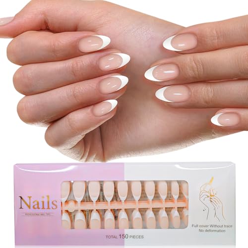 Press on Nail 150 Stück 2 in 1 Short Almond french tip false nails kurze Mandel weiche weiße Spitzen zum Aufdrücken auf Nägel natürliche Nägel zum Aufkleben in 15 Größen