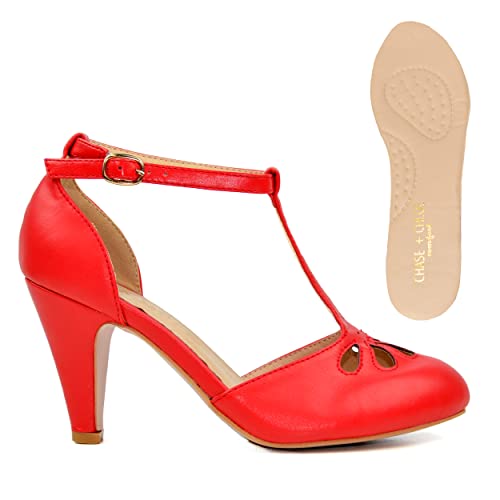 Chase & Chloe Women Mary Jane Oxford Pumps - Cute Low Kitten Heels - Retro Round Toe Shoe with Ankle Strap2