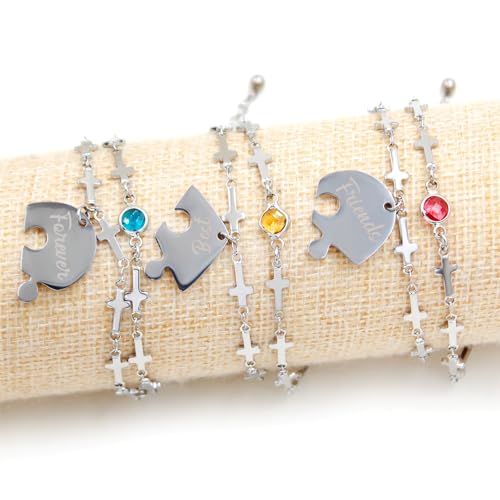 Image of Best Friend Forever Puzzle Heart Bracelet Set with Birthstone - Stainless Steel BFF Friendship Forever Matching Heart Cross Link Bracelet for Family Love Friendship Jewelry Gift Sets