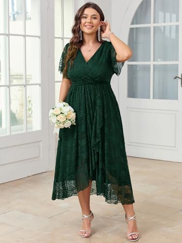 Image of SCOMCHIC Womens Plus Size Wedding Guest Dress Formal Lace Wrap V Neck High Low Short Sleeve Cocktail Maxi Dresses XL-4XL