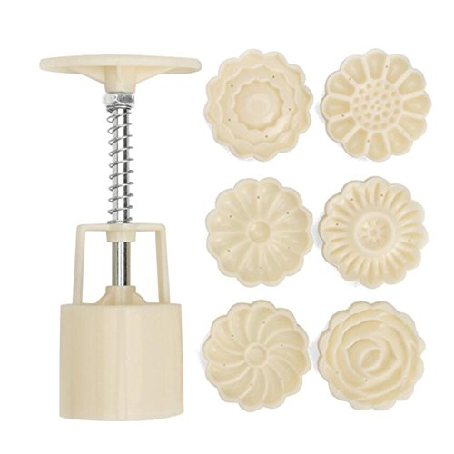 7-teiliges Mondkuchen-Formen-Set mit Handpresse + 6 Druckformen mit Blumen-Design, runde Ausstechformen aus Kunststoff, Backuntensilien zum Dekorieren von Gebäck