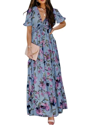 BLENCOT Women's Casual Boho Floral Printed Deep V Neck Loose Short Sleeve Long Evening Dress Ruched Cocktail Party Maxi Wedding Dress Blue X-Large