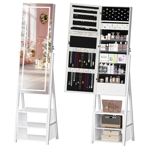Image of VECELO Jewelry Cabinet with Lights, 63 inch Full Length Mirror with Jewelry Storage, Lockable Standing Jewelry Mirror Cabinet, 3 Colors Mode, Powered By USB, White