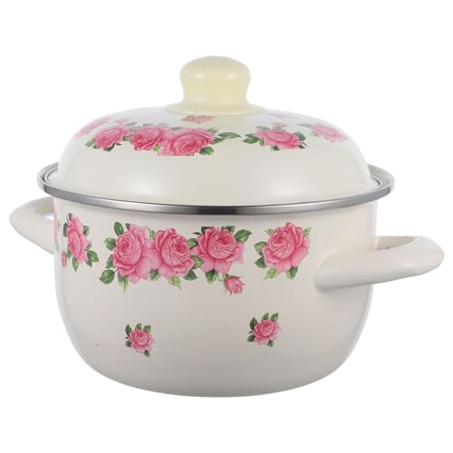 FUNNETOYU Enamel Stock Pot with Lid 18cm Small Vintage Double Handle Soup Cooking Pot for Stove Use Sturdy Enamelware Casserole Pan in Light Yellow