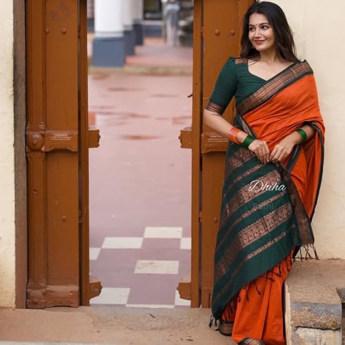 Image of DHIHA Gadwal Cotton Saree for Women | Pure Kalyani Cotton Saree with Zari Border Tassels & Blouse | Kanjivaram Linen Silk | Handloom Weave