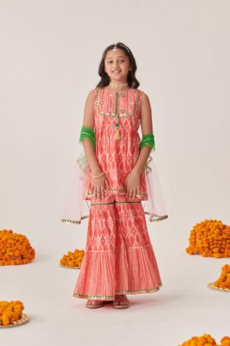 Pspeaches Girl's Cotton Sharara Set (Sha-Peachwtstripe-12-13Y_Peach