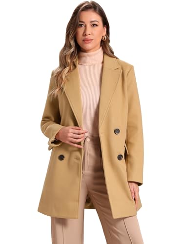 Allegra K Women's Notch Lapel Double Breasted Belted Mid Long Outwear Winter Coat