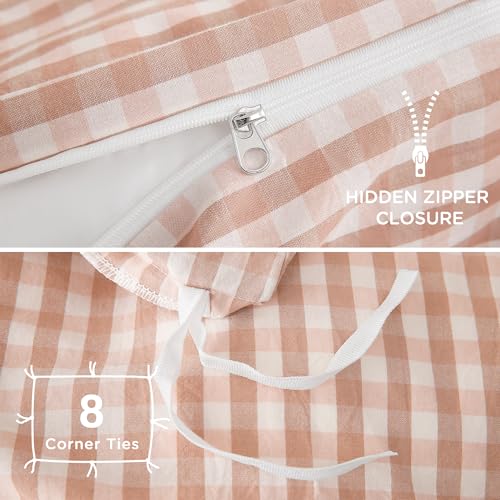 Image of TOCOMOA Pink Tan Gingham Duvet Cover Bedding Set 100% Washed Cotton Like Linen Feel Super Soft Comfy 3 Piece Vintage Plaid Checkered Fall Comforter Cover Set (King 104 inchx90 inch, Comforter Not Included)
