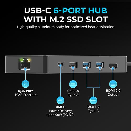 Image of SABRENT USB-C Hub & SSD Enclosure, 6-Port Dock with M.2 SSD Slot, 90W Power Delivery, USB 3.0 & 2.0 Ports, 4K HDMI, RJ45 Gigabit Ethernet (HB-6PNV)