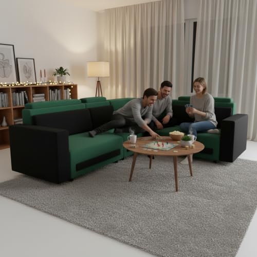 Image of APRODZ Wooden Sofa Set 6 Seater for Living Room, Solid Wood L Shape Sectional Sofa with Velvet Fabric Upholstery, Cushioned Seating for Home, Office & Lounge, Dark Green & Black