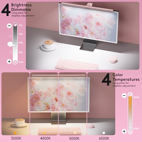 Image of Quntis 20 inch Pink RGB Monitor Light Bar, 15 Gaming Backlight Modes, Eye-Care No Glare, Adjustable Frontlight Brightness & Color Temperature Remote Control, Modern Aesthetic USB Reading Monitor Lamp