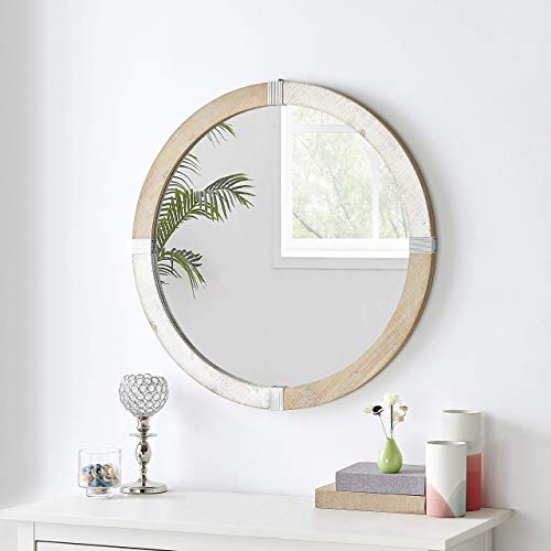 H HOMEBROAD. Rustic Solid Wooden Framed 31.5 inch Round Wall Mirror, Farmhouse Decor Mirror, Large Wooden Circle Frame Mirror for Wall Decor, Living Room Bedroom Bathroom Entryway, Rustic Brown White - Image 2