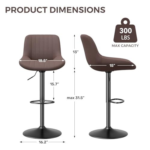 Image of Nalupatio Bar Stools Set of 2, Adjustable Modern Swivel Bar Stools with Backs, Counter Height Performance Fabric Island Chairs for Home Kitchen, Dark Brown