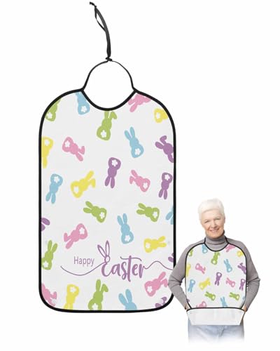 LEOKOTI Happy Easter Adult Bibs for Eating, Waterproof Bibs with Food Catcher & Adjustable Snap Closure, Colorful Bunny Spring Floral Botanical Washable Clothing Protectors Adult Bibs for Elderly