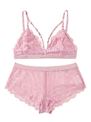 SweatyRocks Women's 2 Piece Sexy Lace Strap Bralette Bra and Panty Lingerie Set Light Pink XL