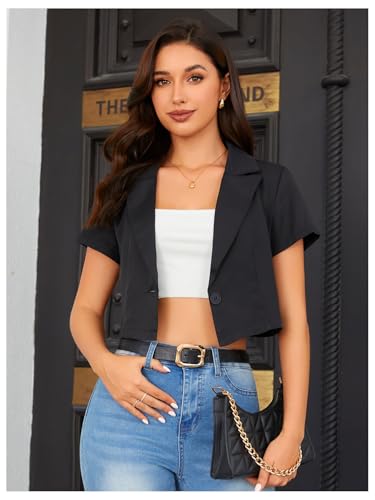 OYOANGLE Women's Button Down Lapel Neck Crop Jackets Short Sleeve Business Blazers4
