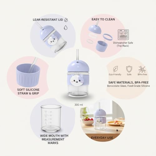 Image of Kamvy Glass Tumbler with Lids and Straw Pack of 1, Elegant Coffee Mug Sipper Bottle,Glass Drinking Cup Mason for Juice, Milk, Cold & Hot Drinks Kids Mug (Simba)