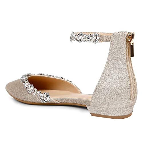 Image of XYD Women Classic Pointed Toe D'Orsay Wedding Flat Sandals Sparkly Rhinestones Ankle Strap Low Heel Dress Shoes with Zipper