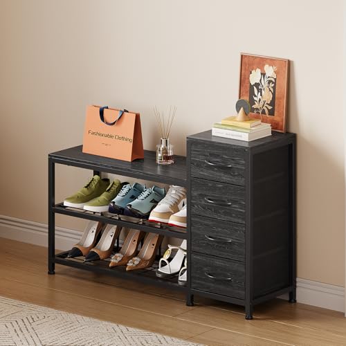 Image of EXOTICA Industrial Shoe Storage Bench with 4 Drawers & Seat, Black