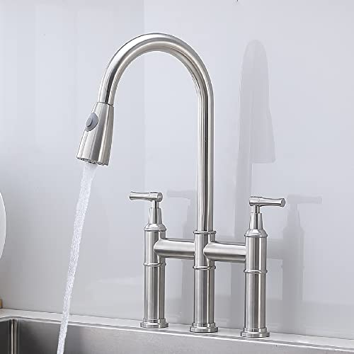 Comllen Brushed Nickel Bridge Kitchen Faucet With Pull Down Sprayer, 3 Hole Farmhouse Kitchen Sink Faucet 8 Inch 2 Handle Stainless Steel Country Kitchen Faucets For Kitchen Sink #TOP13