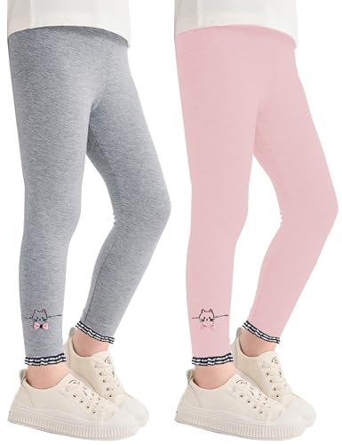 Kiench Girls Leggings Cotton Warm Thick Tights Pants Embroidery 2-Pack