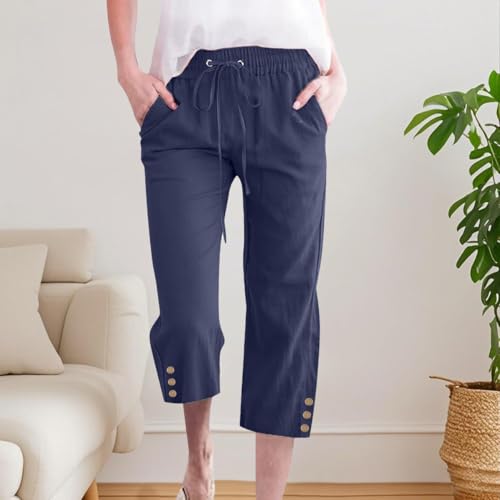 Womens Summer Casual Capri Pants Loose Wide Leg Pant Drawstring Elastic High Waist Trousers with Pockets