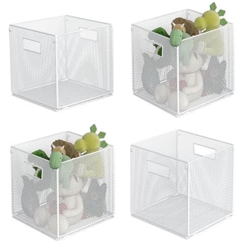 JKsmart Storage Cubes, Basket for Shelves with Handles, Set of 4 Storage Bins, Foldable Baskets for Organizing Toys, Books 10.5x10.5x10.5inch, Multipurpose Storage for Cabinet Bookcase, White Cover