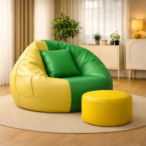 Image of 4XL Tear Drop Bean Bag Chair with Footrest & Pillow | Premium Leatherette Bean Bag Cover (Without Beans) Upto 150 Kg Capacity | Living Room Lounger (Green::Yellow, XXXXL)