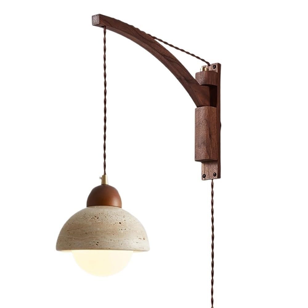 LUOYAOB Travertine Wall Sconce Plug in Wall Light with Solid Wood Arm Natural Stone Dome Shade Bedside Wall Lamp for Bedroom Living Room Study Hallway Entryway