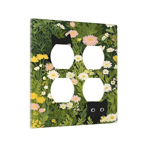 Decorative Outlet Covers Funny Cute Black Cat Colorful Flower Green Plant 2 Gang Wall Plate Cover Double Duplex Receptacle Two Switch Light Switch Cover Plate Faceplate for Home Decor