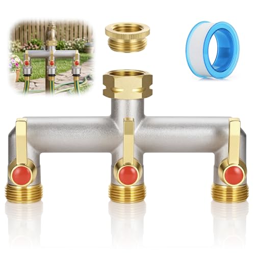 Zocipro Wasserverteiler 3fach Messing, 3 Wege Verteiler 3/4 Zoll für 3 Geräte/Gartenschläuch mit Verlängerter Griff, Hof/Waschmaschine, Garten 3 Wege Wasserverteiler, inkl. 1/2' auf 3/4' Adapter