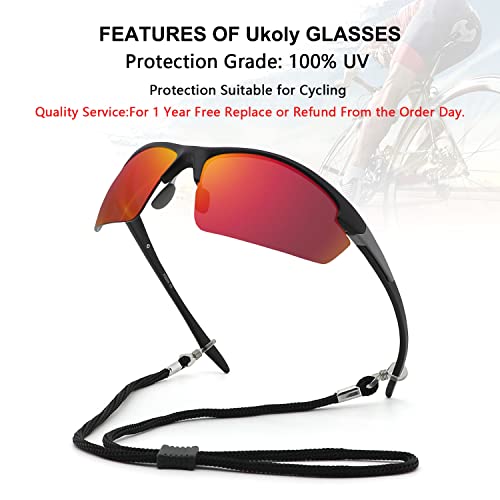 Ukoly Polarized Sports Sunglasses With 4 Interchangeable Lenses, Mens Womens Cycling Glasses,Baseball Running Fishing Golf Driving Sunglasses (Black Red) #TOP1