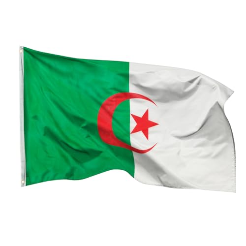 PHENO FLAGS Drapeau Algérie 90x150cm – algérien - résistant aux intempéries, avec œillets en laiton, 100% polyester, coutures doubles robustes et couleurs éclatantes – pour les passionnés de drapeaux