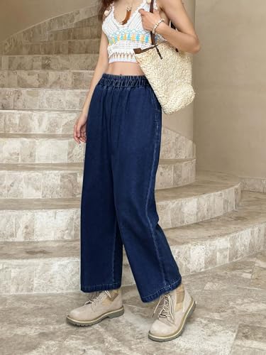 Image of Shasmi Girl's & Women's Denim Cotton Elastic Waist Cropped Straight Ankle Length Wide Leg Casual Baggy Jeans for Women, Trousers Pant for Women (Jeans 239)