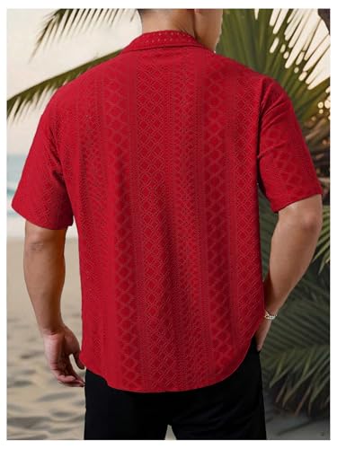 Men's Hollow Out Vacation Shirts Eyelet Embroidery Short Sleeve Button Up Beach Shirt2