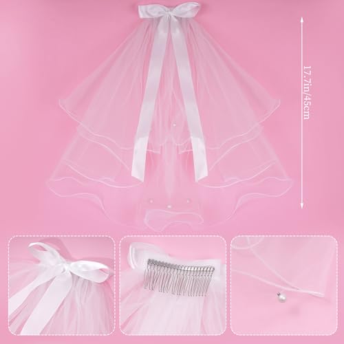 Image of Pistha 5 Pack First Communion Veil Set for Girls Bowknot Lace Veil Satin Gloves Rhinestone Accessories for Wedding Party, White