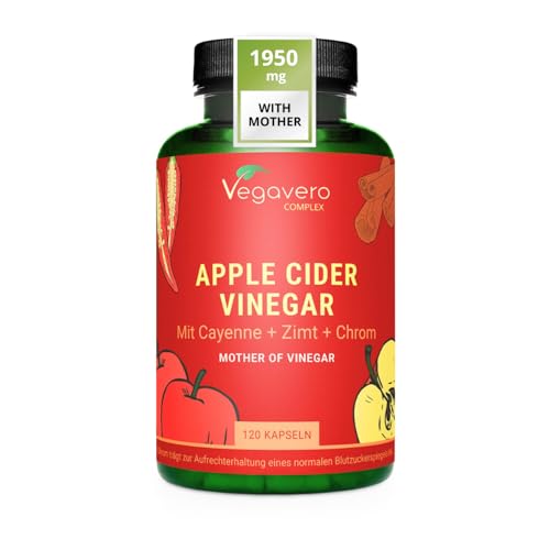 Vegavero Apple Cider Vinegar with Mother Complex 1950 mg | Chromium Picolinate for Blood Sugar Levels | with Cayenne, Ginger and Ceylon Cinnamon Extracts | 120 Capsules | NO Additives | Vegan