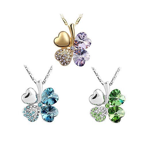 Great Value Set of 3 Fabulous Silver Necklaces With Rhinestones Studded In Green, Blue And Purple Colors Lucky Clovers Pendants On Chains By VAGA