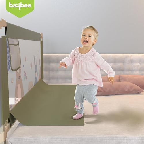 Image of BAYBEE Baby Bed Rail Guard (180x80cm), Bedrail for Baby Safety with 28 Height Adjustable, Portable Bed Side Protector for Babies Falling | Foldable Single Side Bed Railing,1 Side, Dark Green