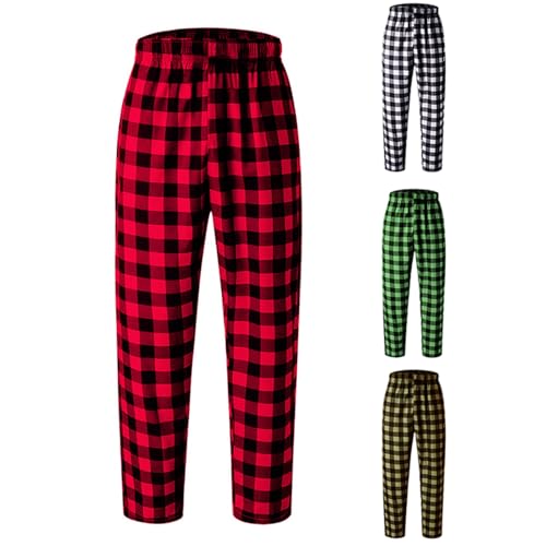 Men's Pajama Pants Plaid Print Lounge Warm Sleepwear Pants Lightweight Straight Leg PJ Bottoms with Pocket 6