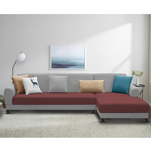Image of Kraven LHS 6 Seater L Shape Sofa Set for Living Room (Maroon Grey Fabric) Premium Fabric Sofa