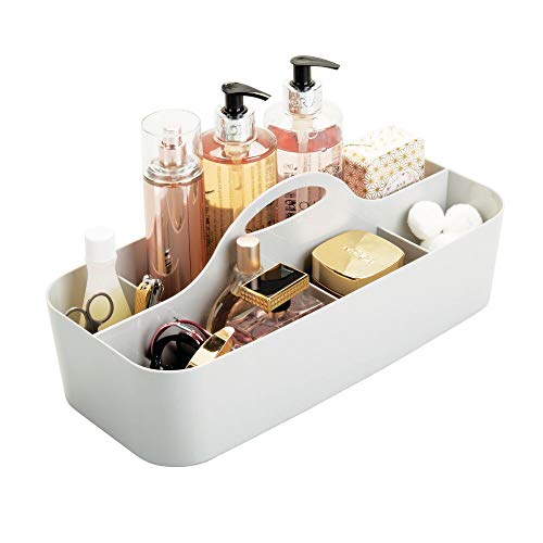 mDesign Plastic Portable Storage Organizer Caddy Tote - Divided Basket Bin with Handle for Bathroom, Shower, Dorm Room - Holds Hand Soap, Body Wash, Shampoo, Conditioner, Lotion - Light Gray