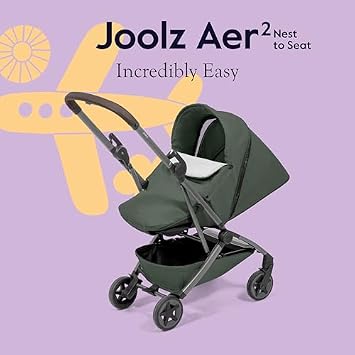 Joolz Aer2 Lightweight Travel Stroller + Nest-to-Seat Newborn Accessory Bundle Ultra-Compact One-Hand Fold, Newborn to Toddler Travel System - Forest Green