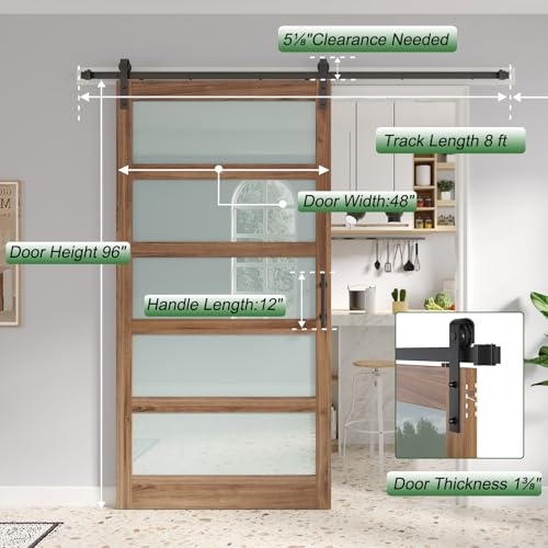 Image of FREDBECK 48 x 96 inch Glass Barn Door with 8FT Barn Door Hardware Kit & Handle Included,5-Panel Frosted Glass,Wood Panel, Water-Proof Surface,Pre-Drilled Holes,Need Assembly