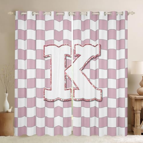 Image of Erosebridal Pink Initial K Window Drapes Kawaii Plaid Checkered Blackout Curtains 42 inchWx84 inchL Cute Personalized Monogram Curtains for Kids Girls Bedroom,Fashion Grids Gingham Window Treatments 2 Panels